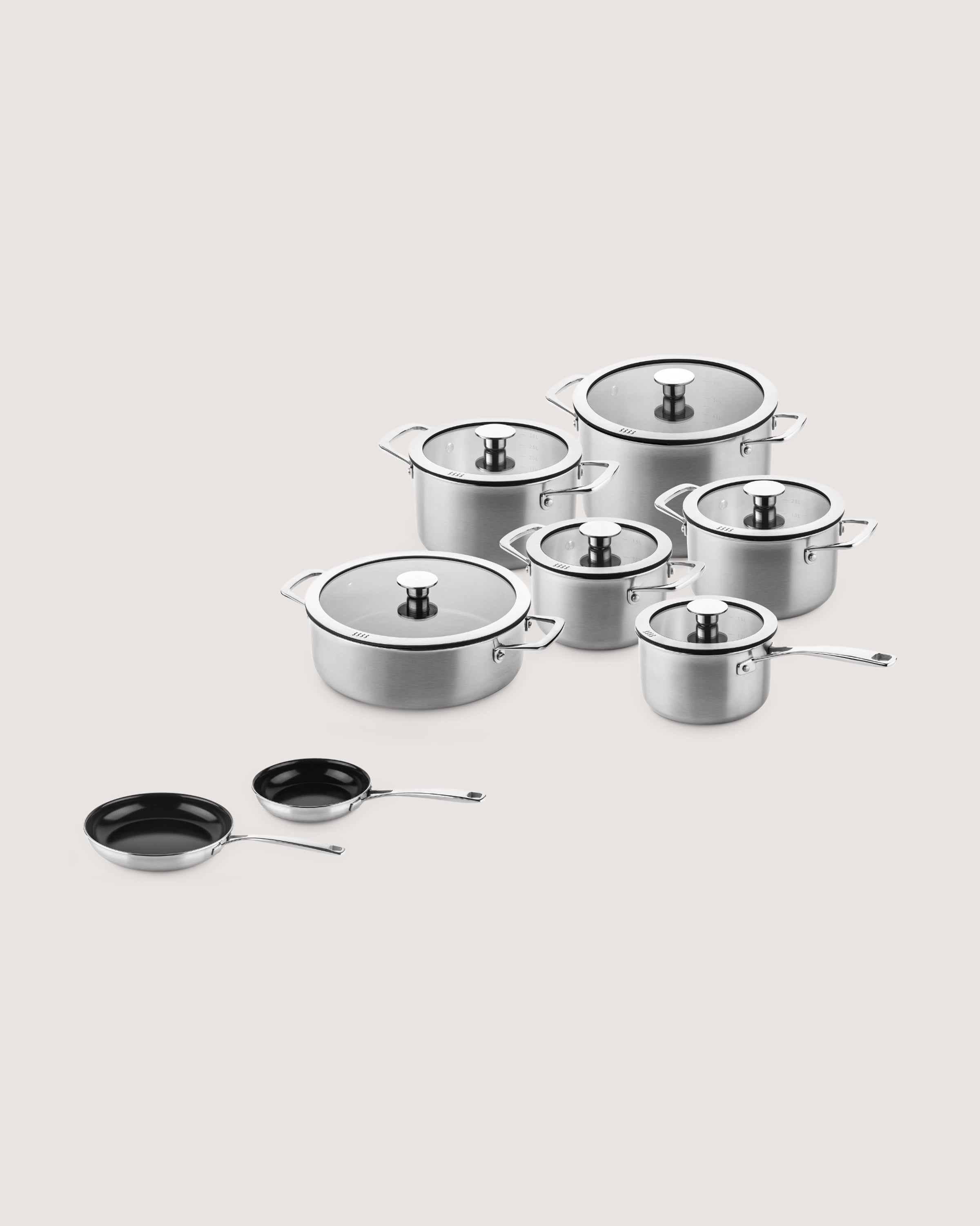 3-laags pannenset 6-delig voor kookplaatafzuiging + Ø20cm & Ø28cm koekenpan cadeau
