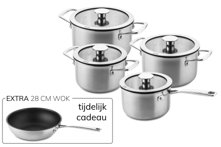 DUCQ 3-laags pannenset 4 delig (downdraft pannenset)  + 28cm wok cadeau