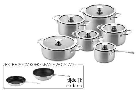 DUCQ 3-laags pannenset 6 delig (downdraft pannenset) + 20cm koekenpan + wok cadeau