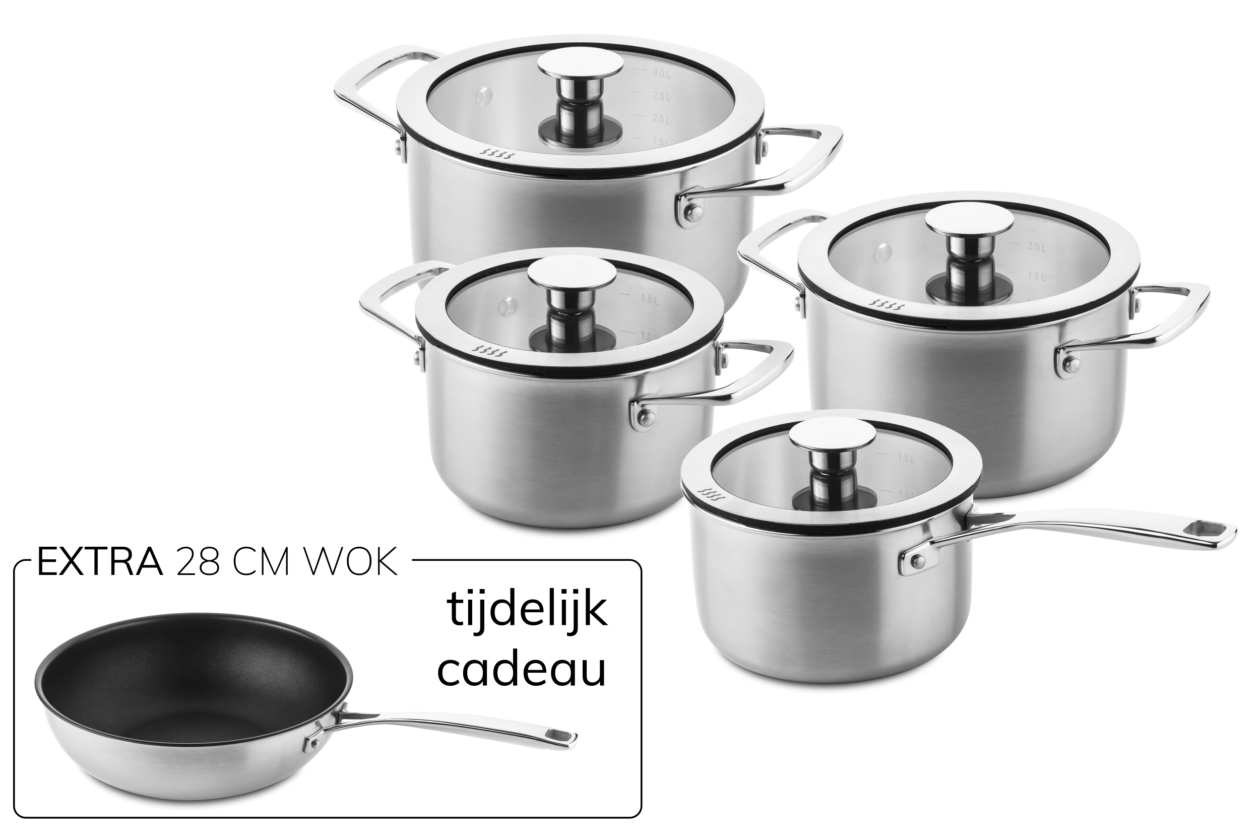 4 pcs stainless steel cookware set (suitable for induction) +  wok 28cm as a gift